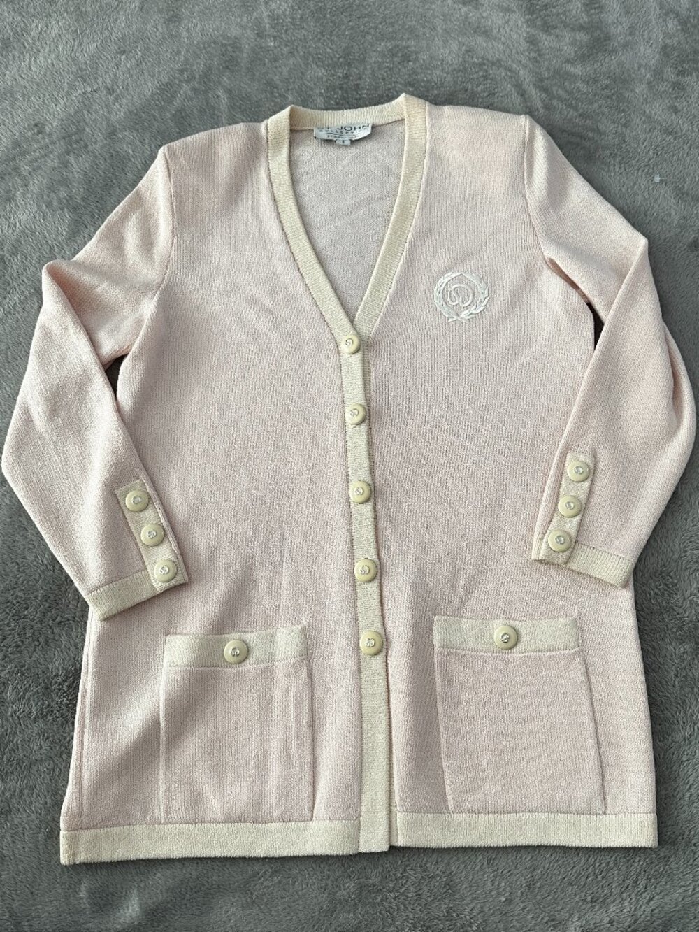 St. John Santana Knit Long Cardigan Jacket Pink Cream SMALL Button Down Sweater